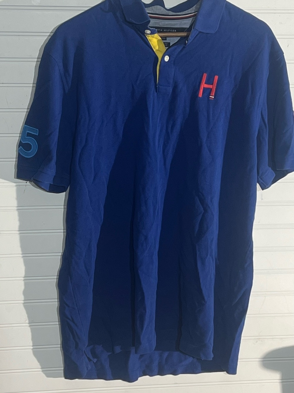 Tommy Hilfiger Custom Fit Blue Rugby Polo Red 'H' Accent and Yellow Placket